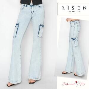 RISEN High Rise Waist Cargo Pockets Zip Fly Acid Light Wash Flare Denim Jeans